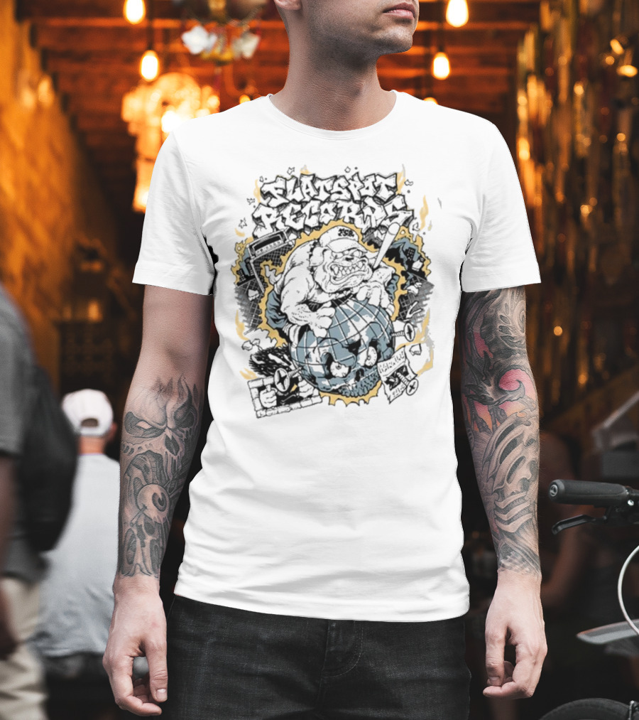 Flatspot Records Bulldog Globe Graffiti Style White T-Shirt