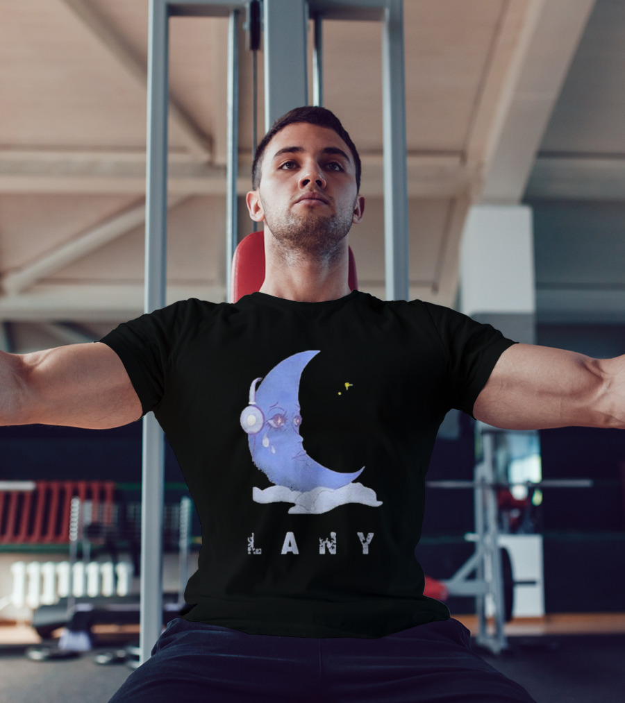 Lany Moon Crying Blue Crescent With Headphones And Clouds T-Shirt
