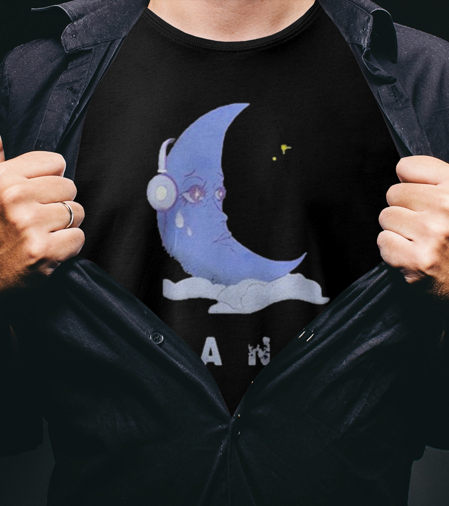 Lany Moon Crying Blue Crescent With Headphones And Clouds T-Shirt