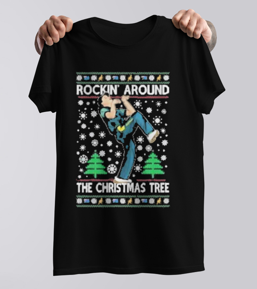 Rockin' Around The Christmas Tree Ugly Christmas Sweater With Dancing Figure And Snowflakes T-Shirt