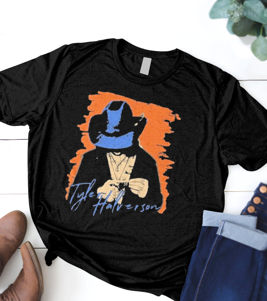 Tyler Halverson Cowboy Hat Blue Bandana Orange Background T-Shirt
