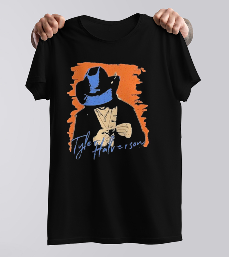 Tyler Halverson Cowboy Hat Blue Bandana Orange Background T-Shirt
