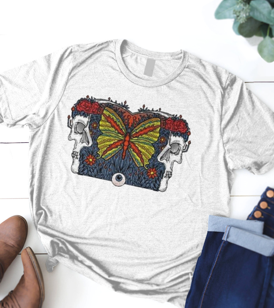 This Old Engine Two Worlds Skull And Butterfly Symmetry With Roses And Floral Elements T-Shirt