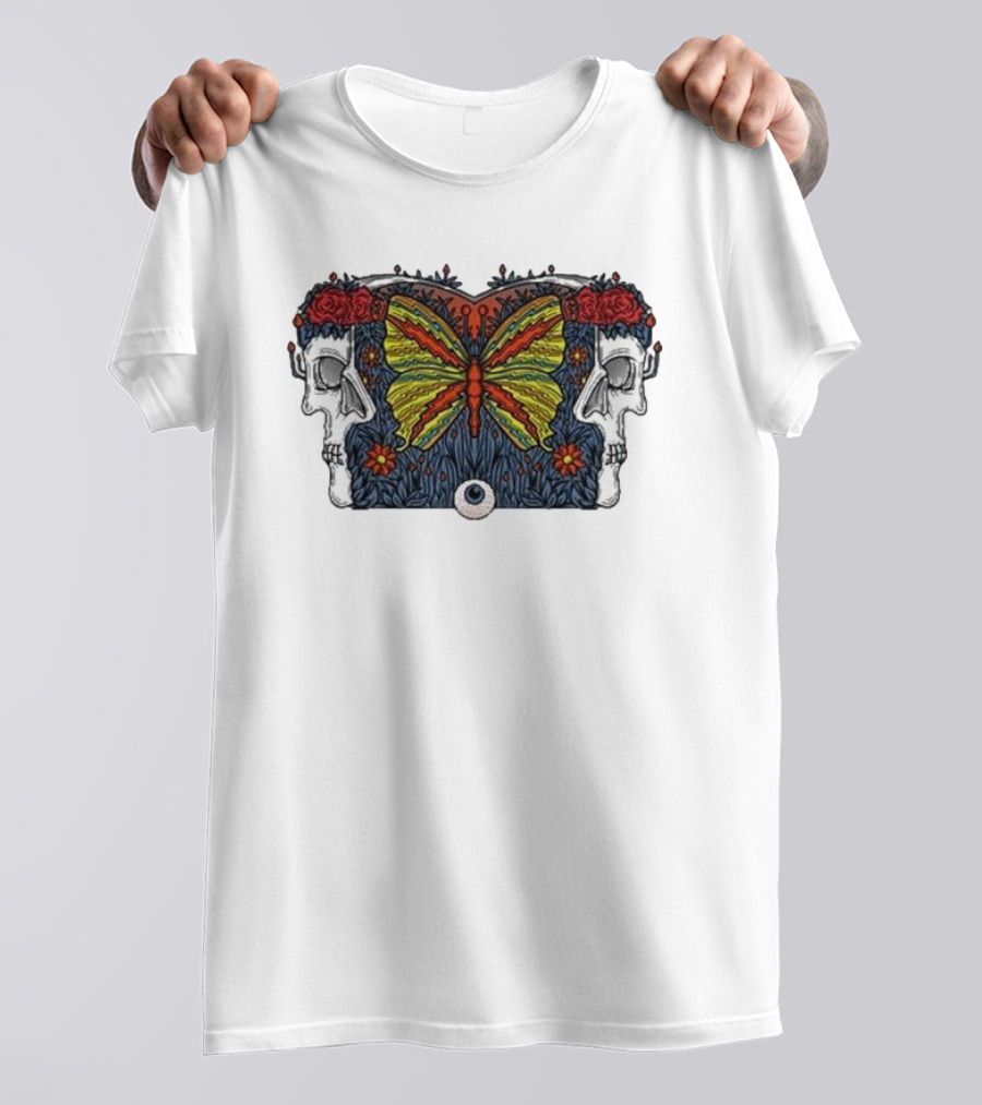 This Old Engine Two Worlds Skull And Butterfly Symmetry With Roses And Floral Elements T-Shirt