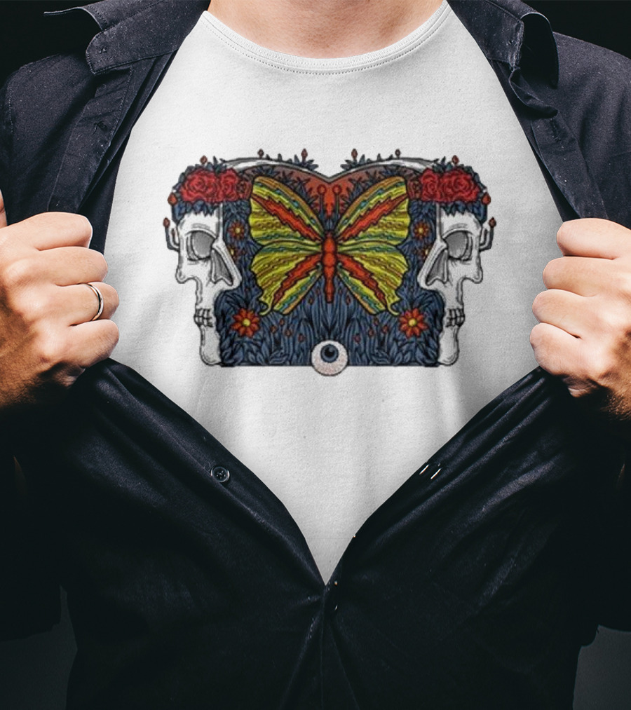 This Old Engine Two Worlds Skull And Butterfly Symmetry With Roses And Floral Elements T-Shirt