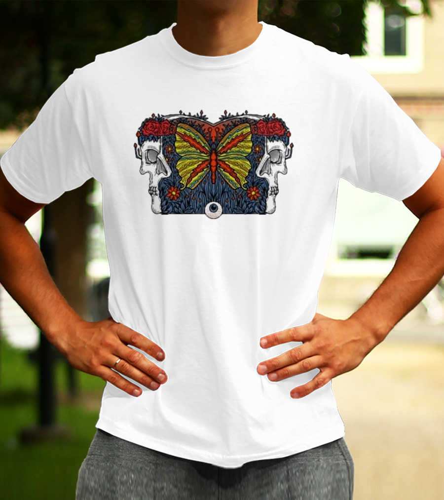This Old Engine Two Worlds Skull And Butterfly Symmetry With Roses And Floral Elements T-Shirt