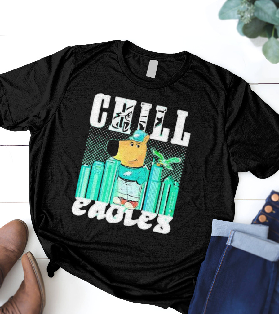 Philadelphia Eagles Chill Character With City Skyline And Cartoon Bird T-Shirt