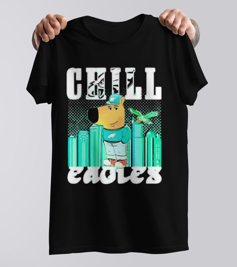 Philadelphia Eagles Chill Character With City Skyline And Cartoon Bird T-Shirt