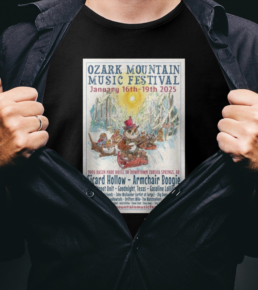 Ozark Mountain Music Festival January 16-19 2025 Eureka Springs AR Featuring Sicard Hollow And Armchair Boogie T-Shirt