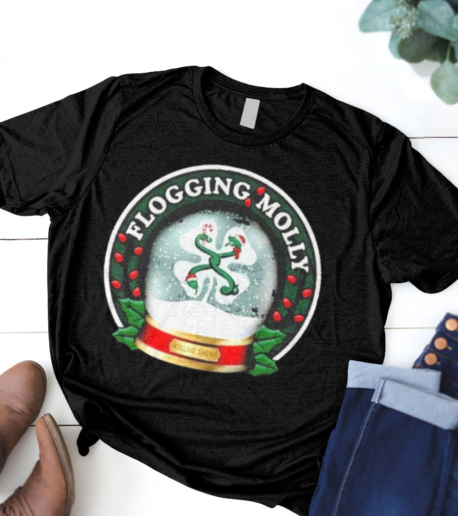 Flogging Molly Nollaig Shona Snow Globe With Holly Red Green White T-Shirt