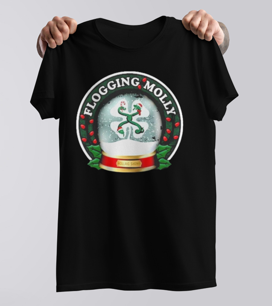 Flogging Molly Nollaig Shona Snow Globe With Holly Red Green White T-Shirt