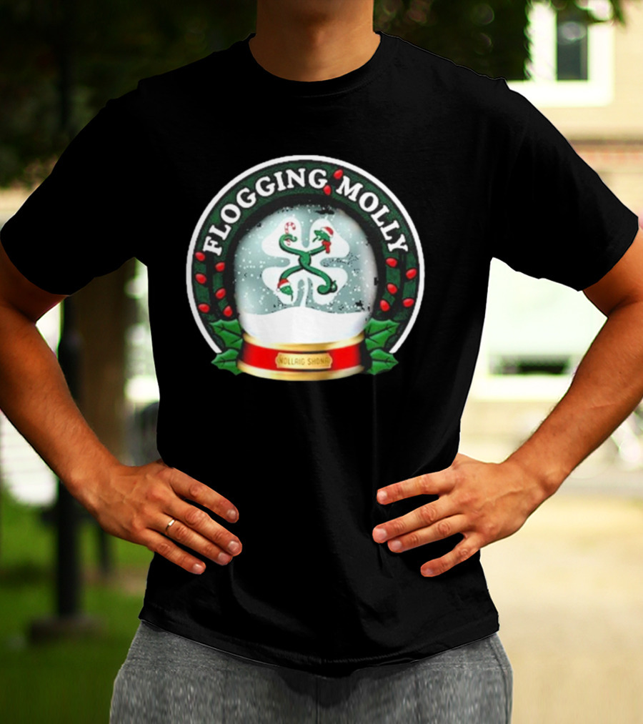 Flogging Molly Nollaig Shona Snow Globe With Holly Red Green White T-Shirt
