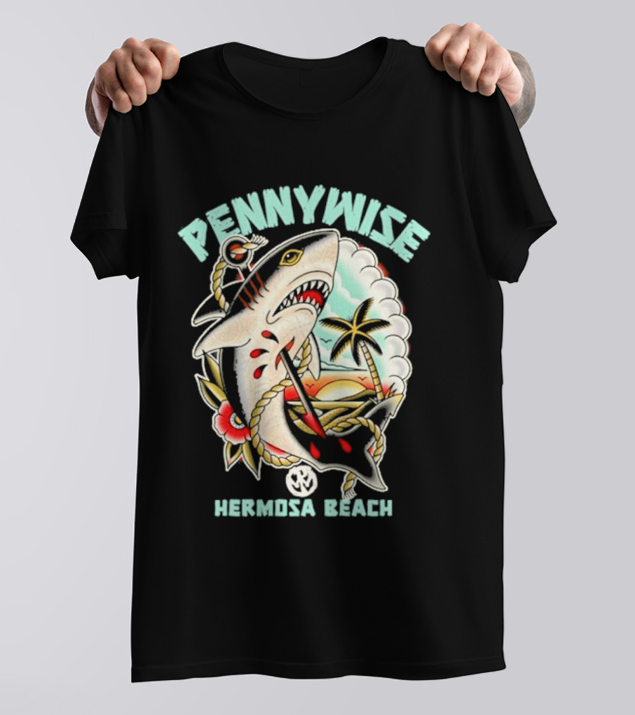 Pennywise Shark Hermosa Beach Sunset Palm Tattoo T-Shirt