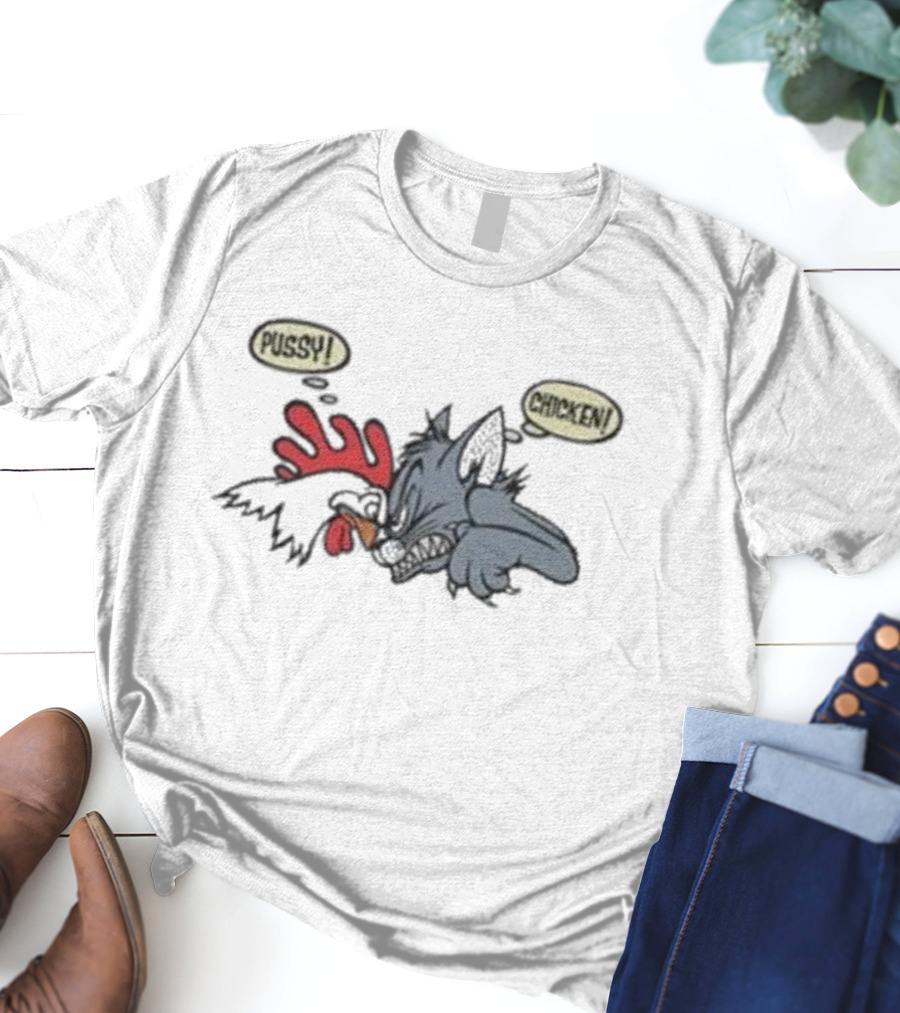 No Fear Pussy Chicken 1993 Rooster Cat Confrontation T-Shirt