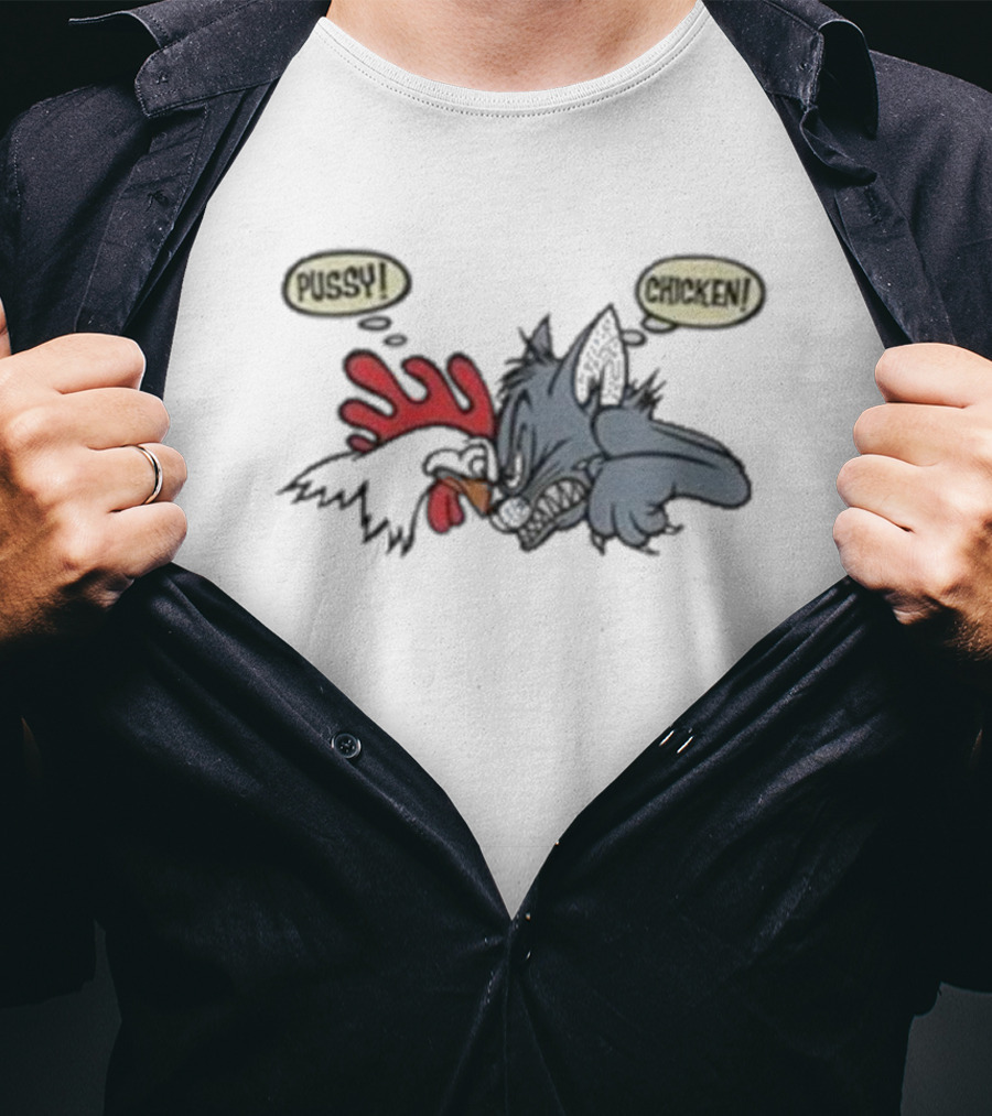 No Fear Pussy Chicken 1993 Rooster Cat Confrontation T-Shirt