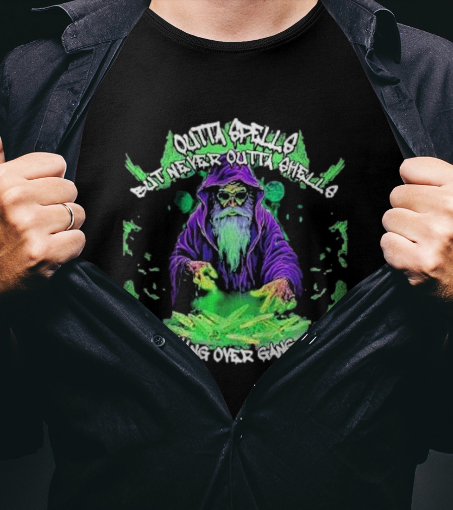 Outta Spells But Never Outta Shells Hang Over Gang Wizard With Glowing Green Magic T-Shirt