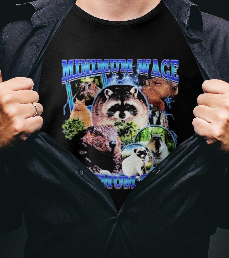 Minimum Wage Maximum Rage Raccoon And Wildlife Collage T-Shirt