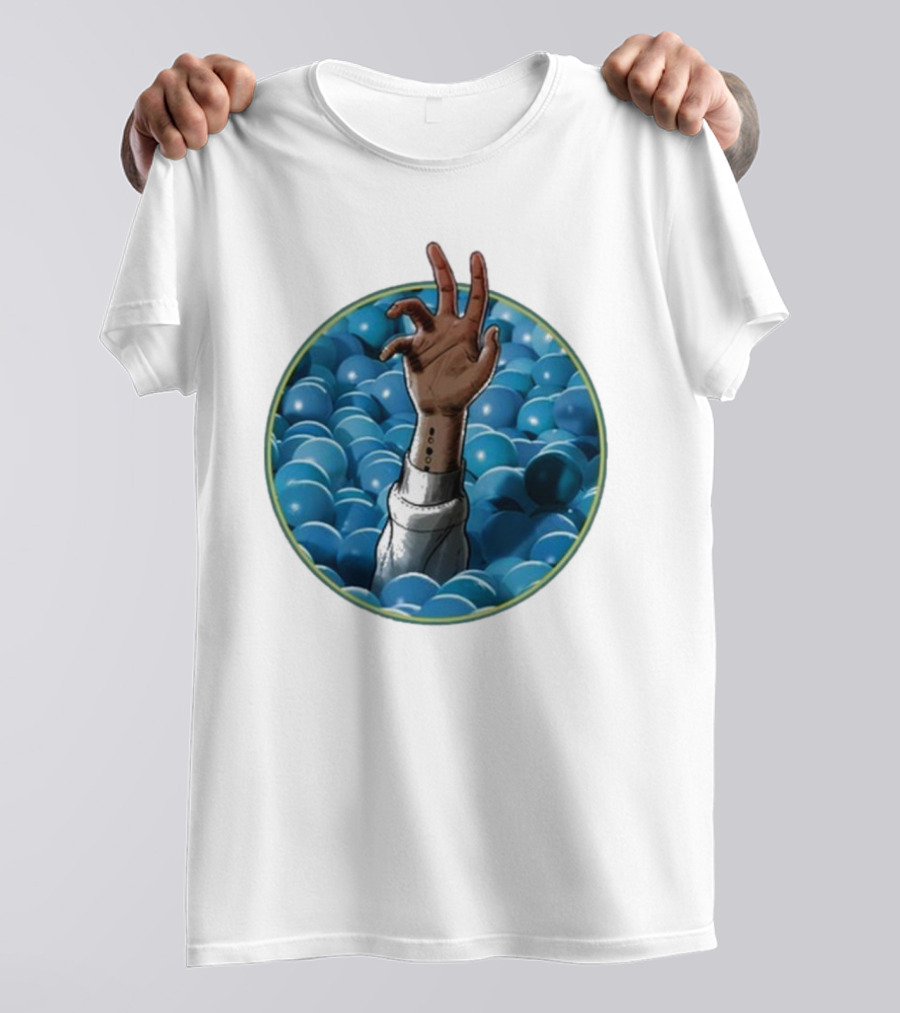 Hand Reaching Out Of Blue Ballpit Sphere T-Shirt