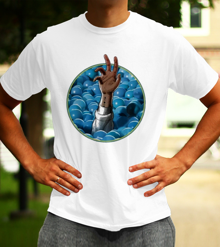 Hand Reaching Out Of Blue Ballpit Sphere T-Shirt