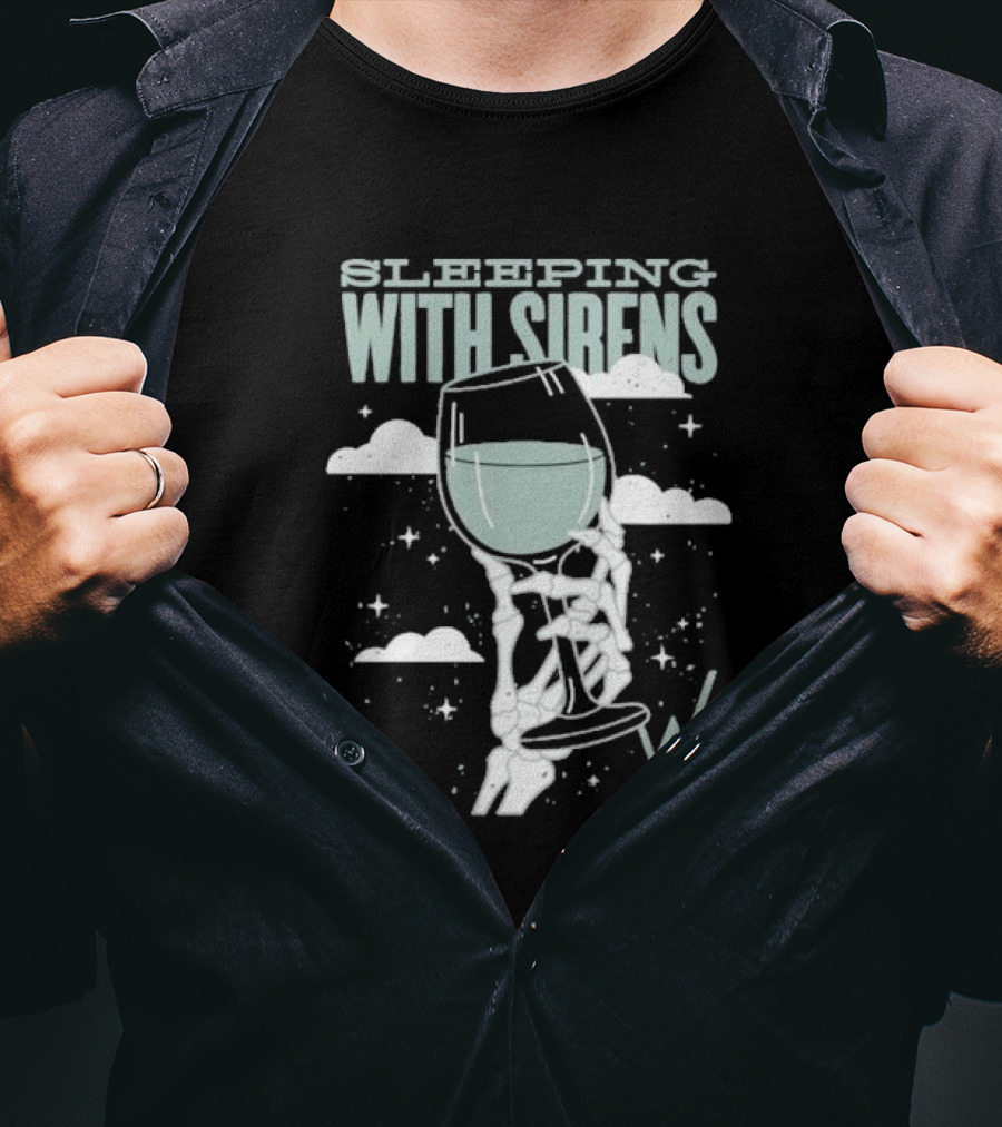 Sleeping With Sirens Skeleton Hand Wine Glass Clouds T-Shirt