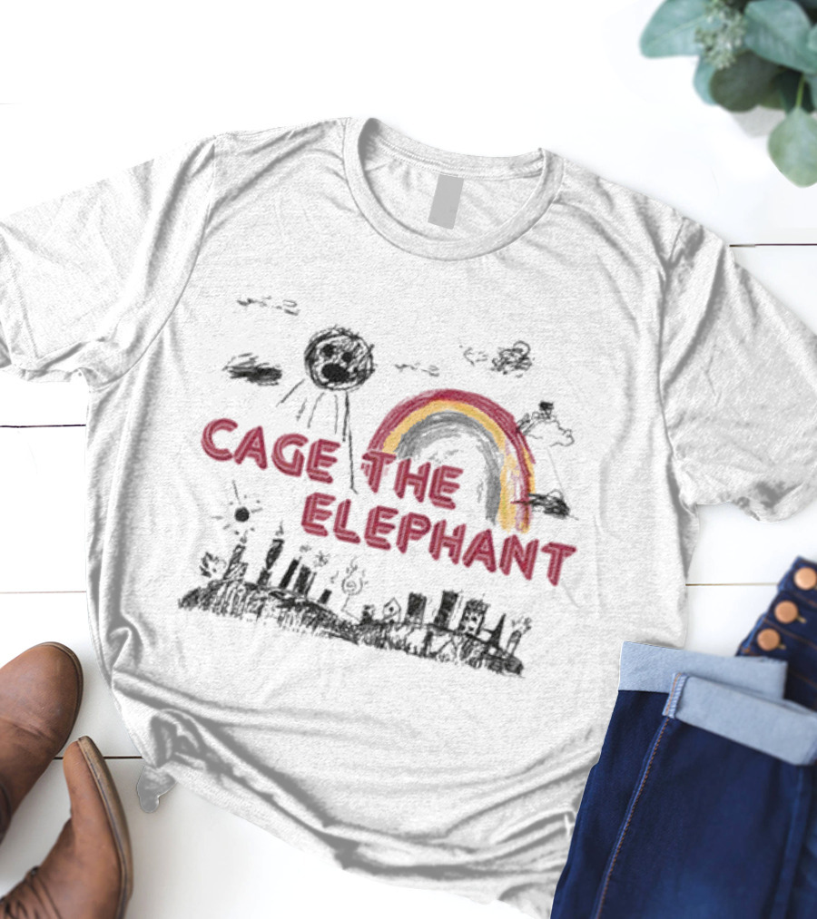 Cage The Elephant Rainbow Doodle With Scribbled Skyline And Clouds T-Shirt