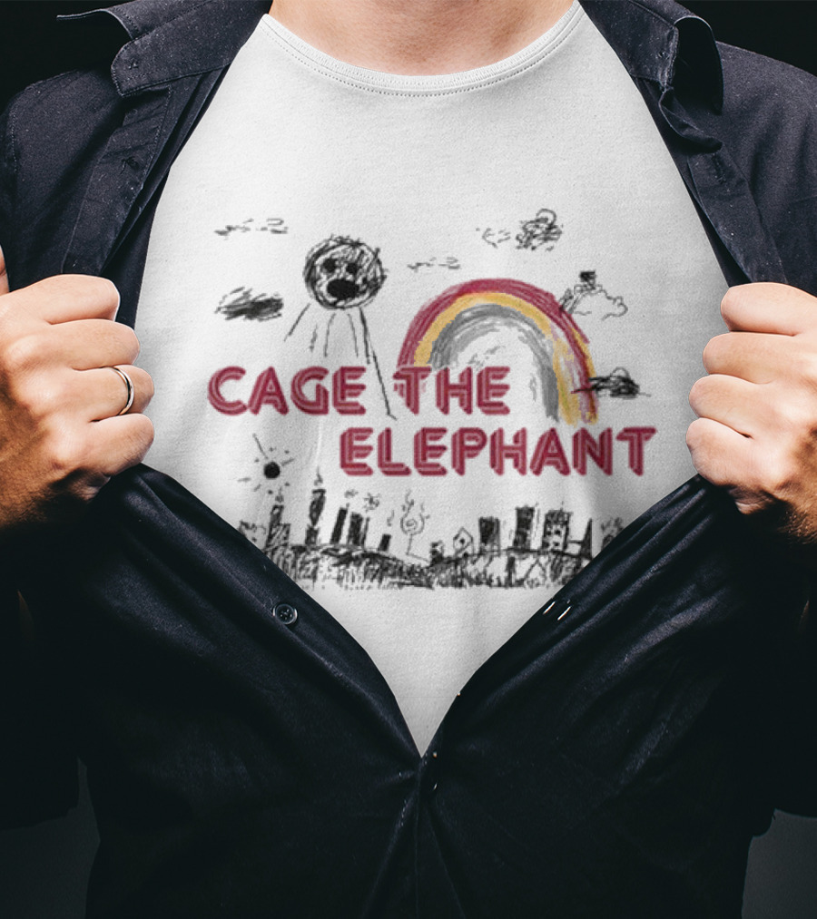 Cage The Elephant Rainbow Doodle With Scribbled Skyline And Clouds T-Shirt