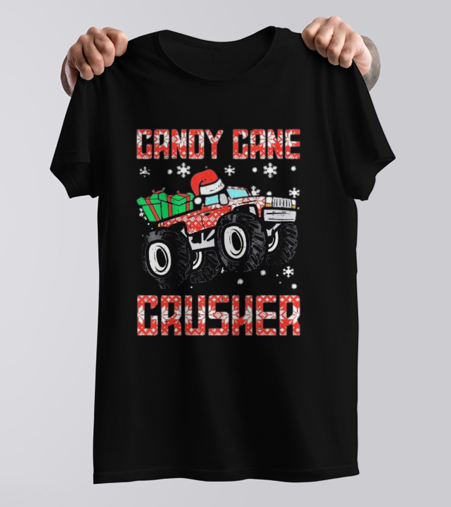 Candy Cane Crusher Christmas Monster Truck Toddler Boys Snowflakes Santa Present T-Shirt