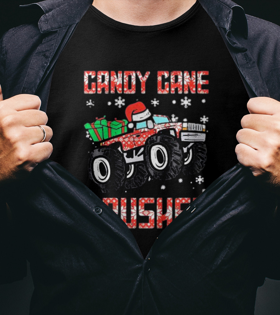 Candy Cane Crusher Christmas Monster Truck Toddler Boys Snowflakes Santa Present T-Shirt