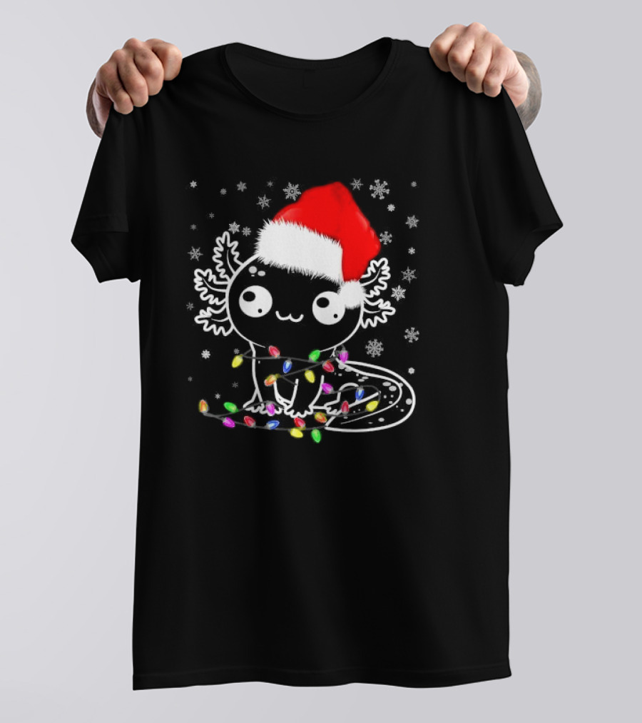 Santa Hat Axolotl Wrapped In Colorful Christmas Lights And Falling Snowflakes T-Shirt
