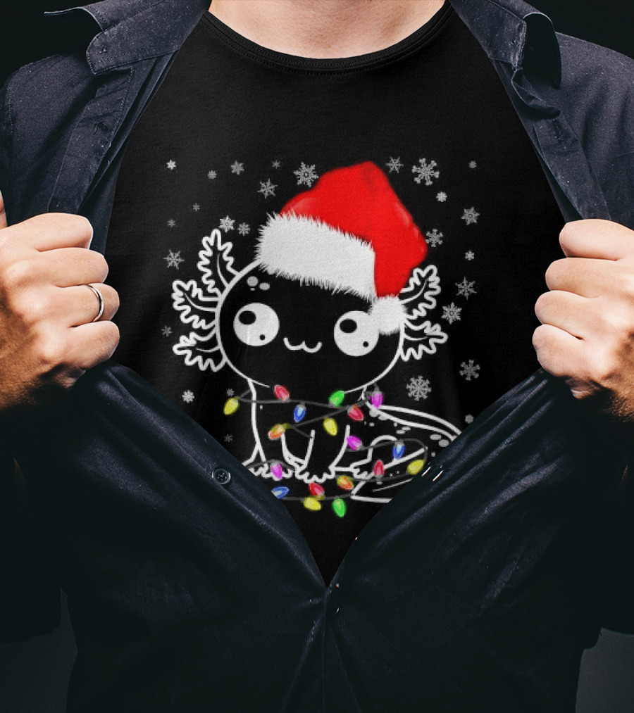 Santa Hat Axolotl Wrapped In Colorful Christmas Lights And Falling Snowflakes T-Shirt