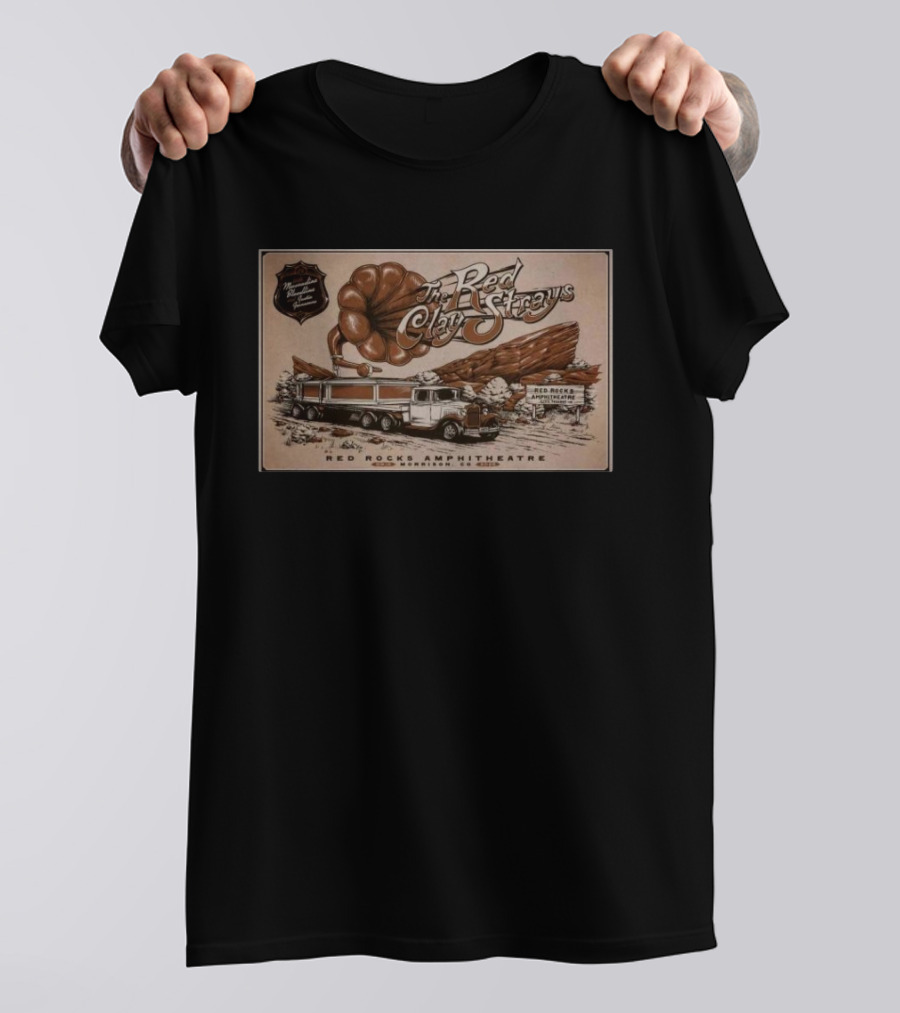 The Red Clay Strays Live At Red Rocks Amphitheatre Morrison CO Sep 14 2025 Vintage Truck And Scenic Rock Formation T-Shirt