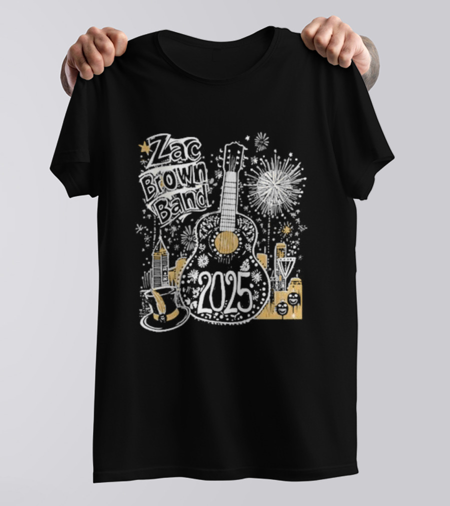 Zac Brown Band 2025 New Year's Eve Fireworks Guitar Atlanta Skyline T-Shirt
