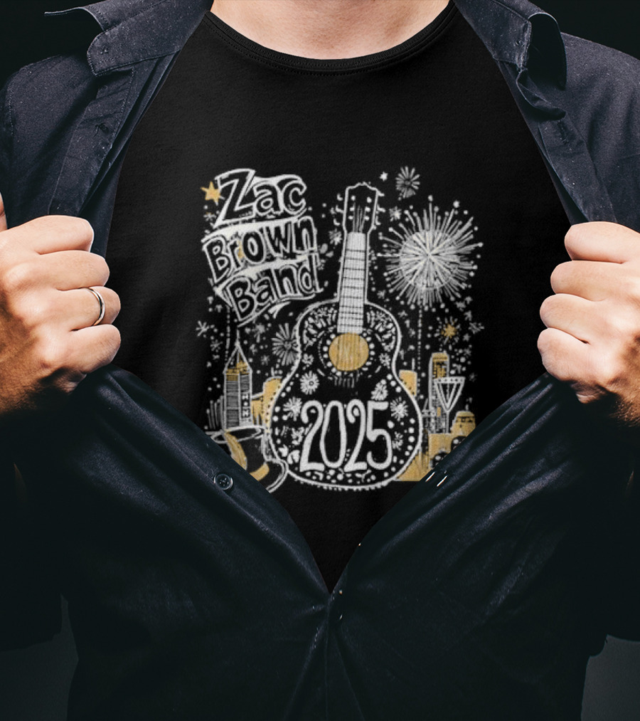 Zac Brown Band 2025 New Year's Eve Fireworks Guitar Atlanta Skyline T-Shirt