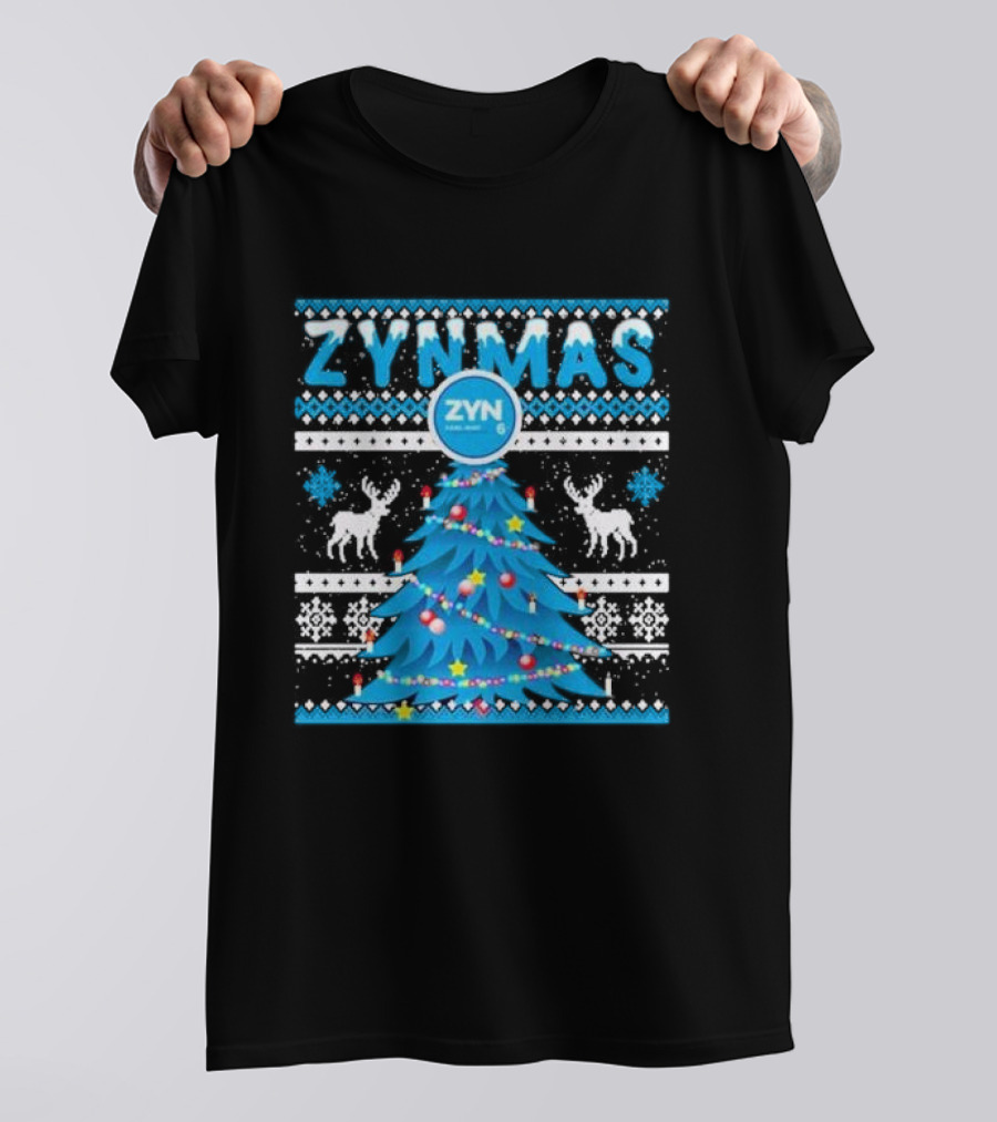 Zynmas ZYN Blue Christmas Tree Reindeer Pattern Snowflakes T-Shirt