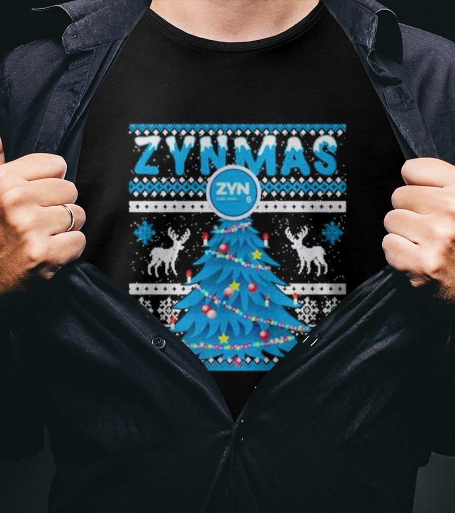Zynmas ZYN Blue Christmas Tree Reindeer Pattern Snowflakes T-Shirt