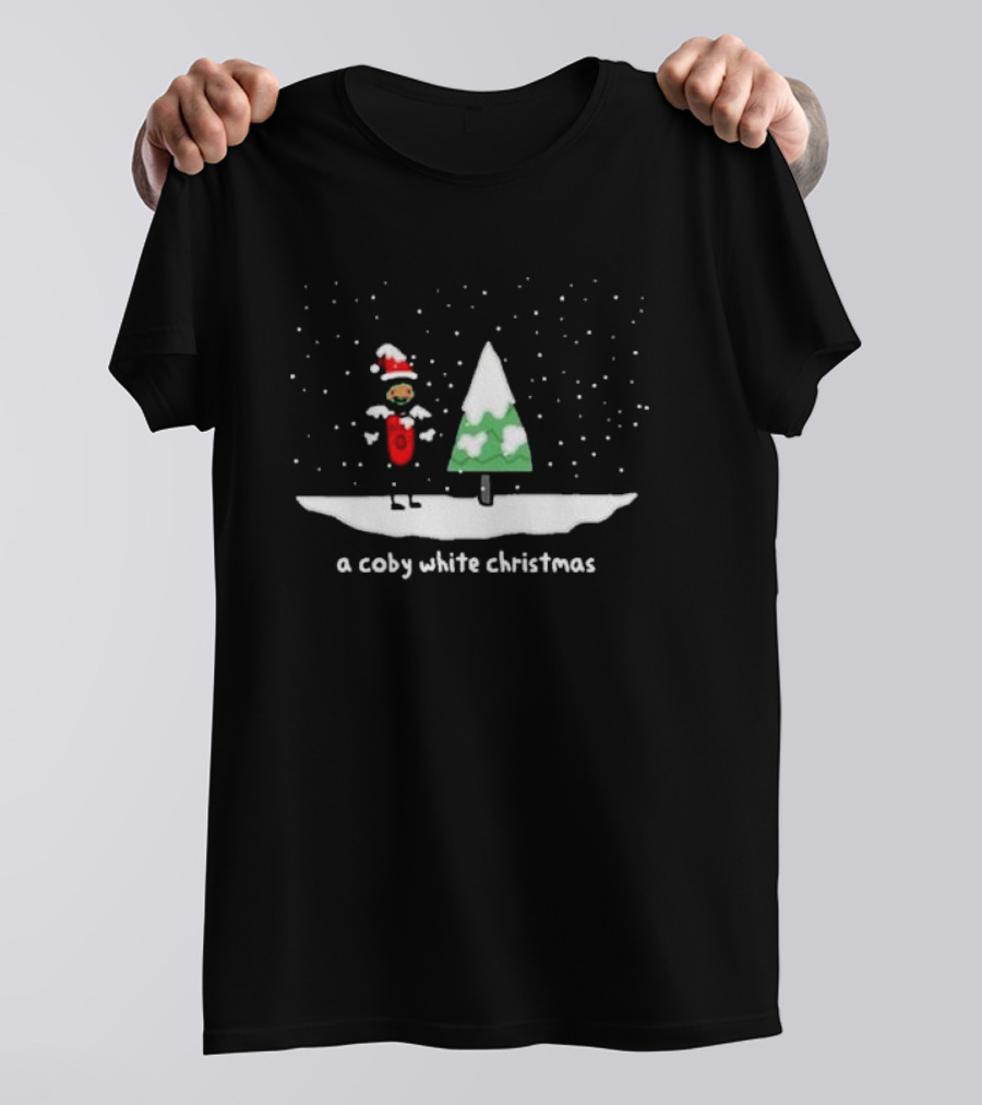 A Coby White Christmas Snowy Cartoon Scene With Santa Hat And Tree T-Shirt