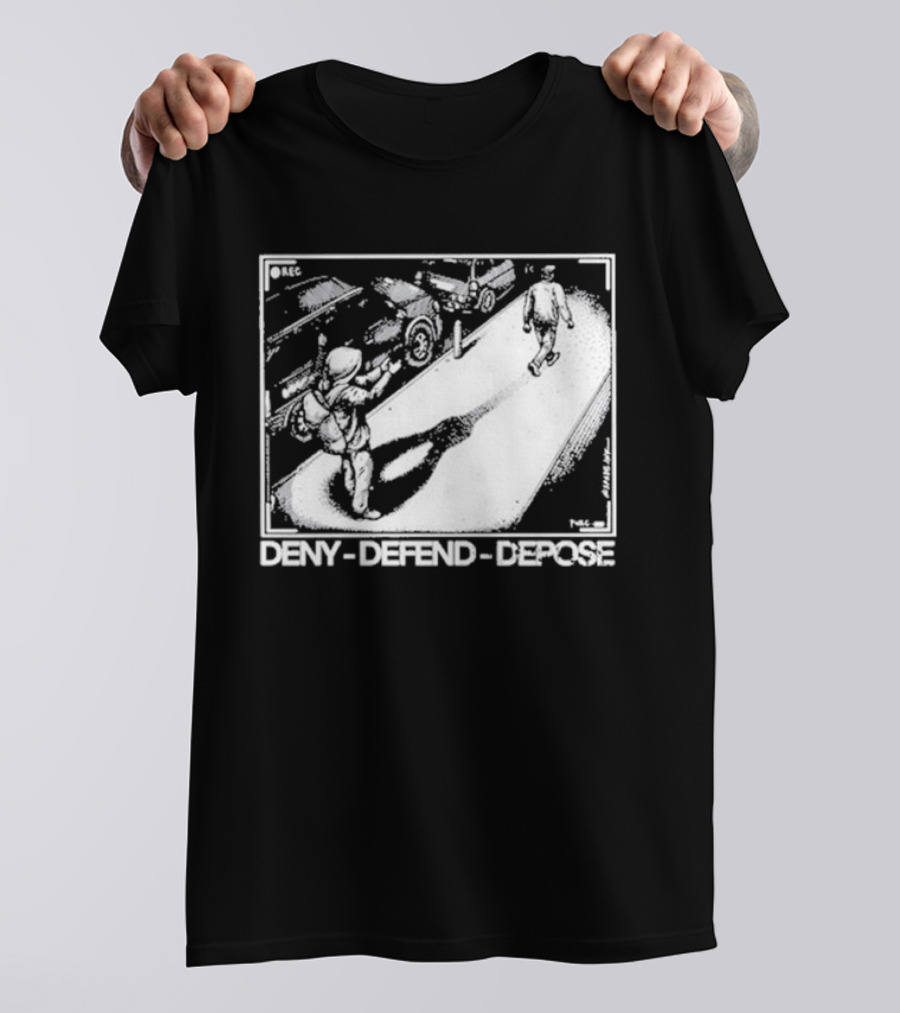 Deny Defend Depose Punk With A Camera Street Confrontation Scene T-Shirt