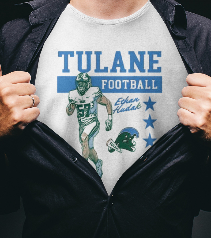 Tulane Football Ethan Hudak Player Graphic And Wave Stars T-Shirt