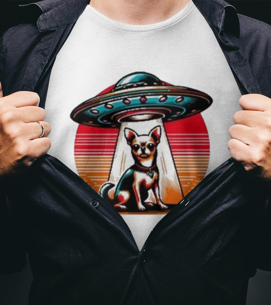 UFO Chihuahua Funny Alien Encounter Retro Sunset T-Shirt