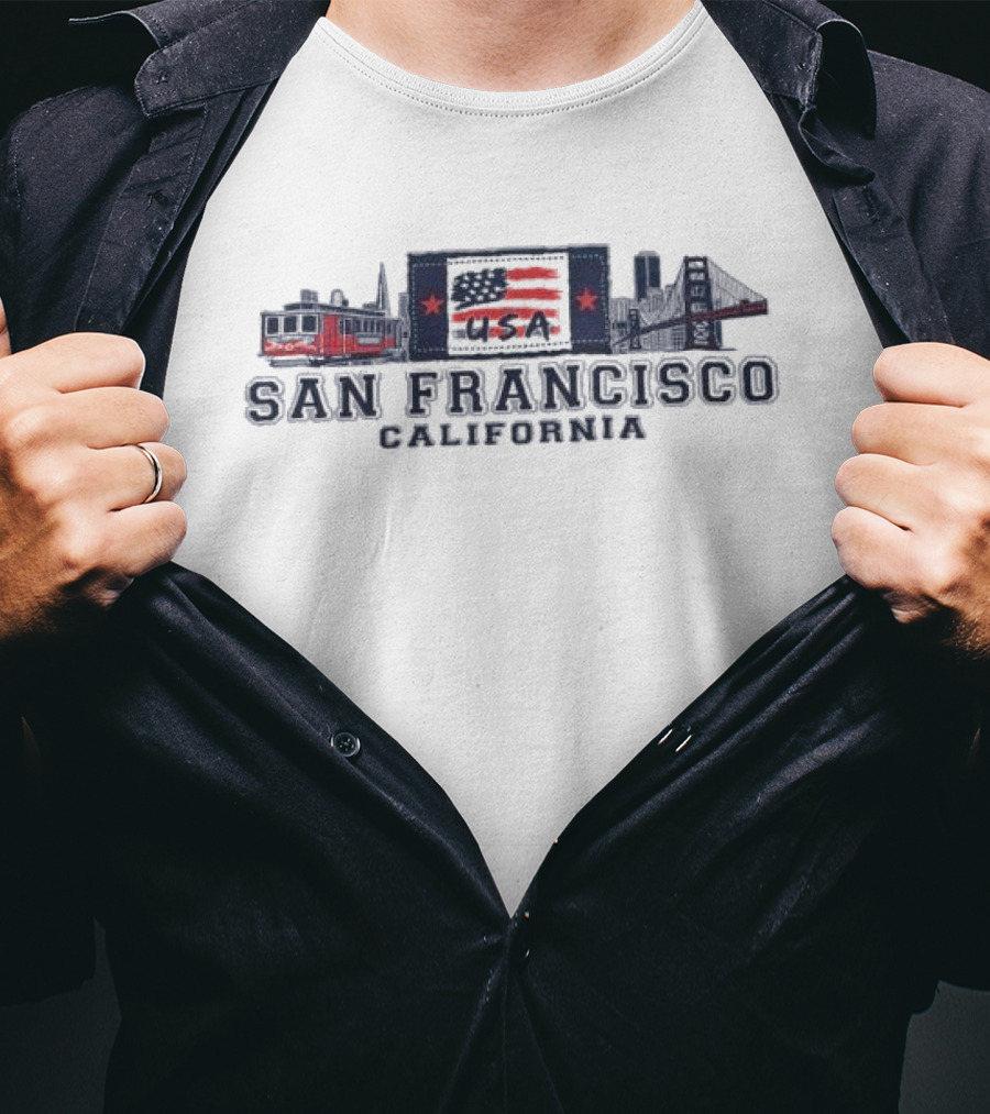 San Francisco California USA Flag Golden Gate Bridge Cable Car T-Shirt
