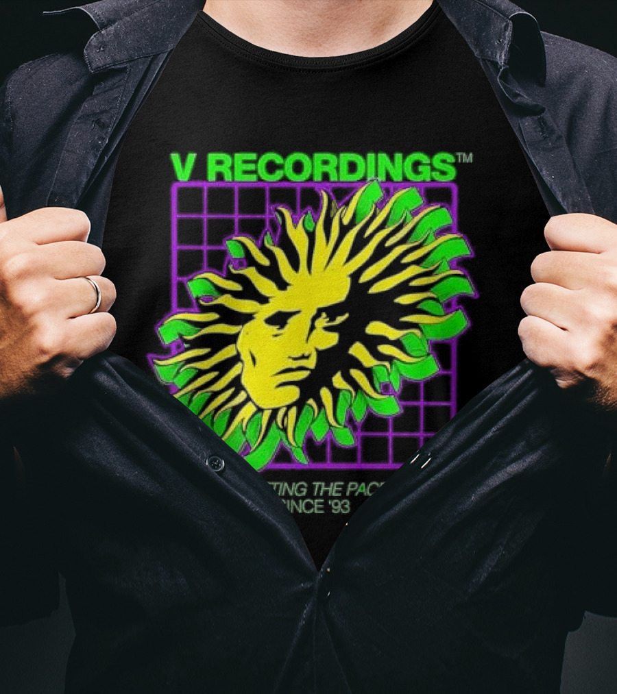 V Recordings Setting The Pace Since 93 Sunburst Face Retro Grid T-Shirt