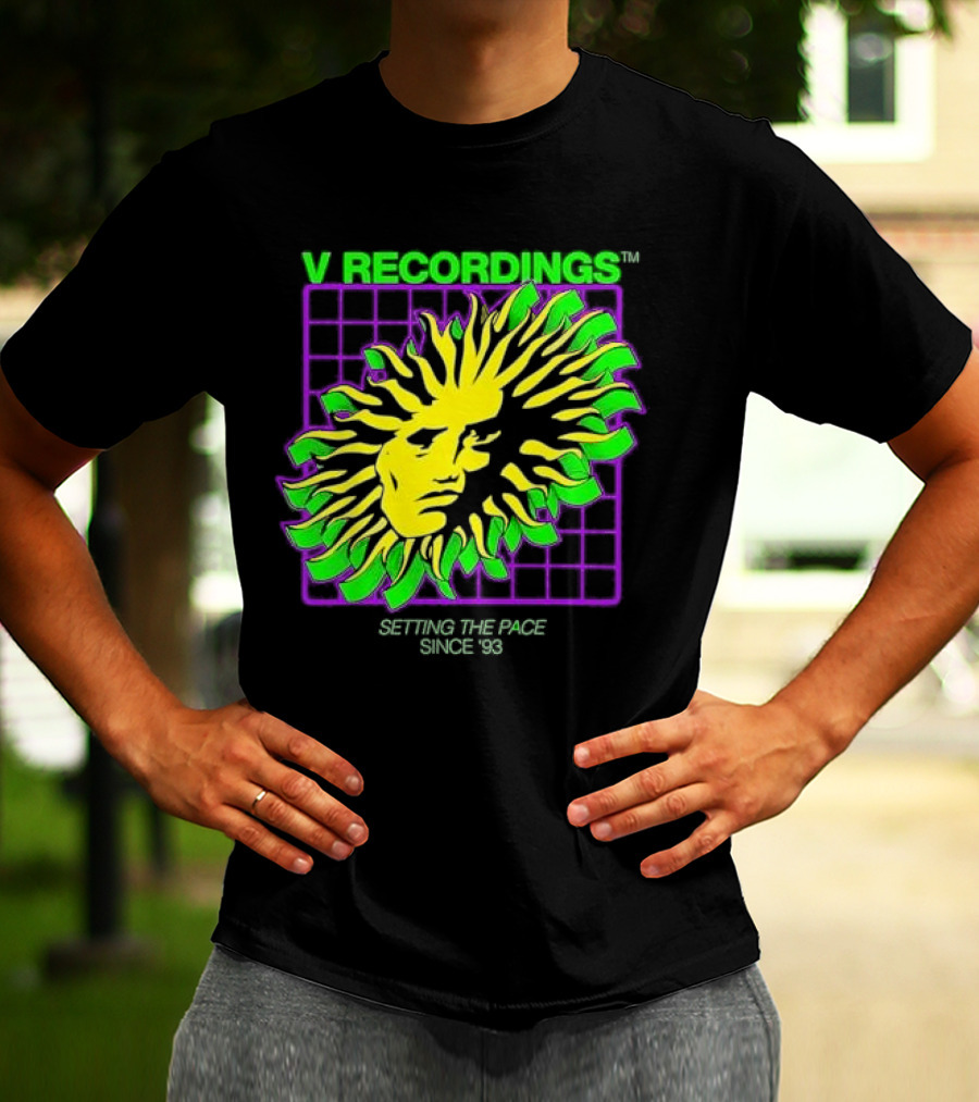 V Recordings Setting The Pace Since 93 Sunburst Face Retro Grid T-Shirt