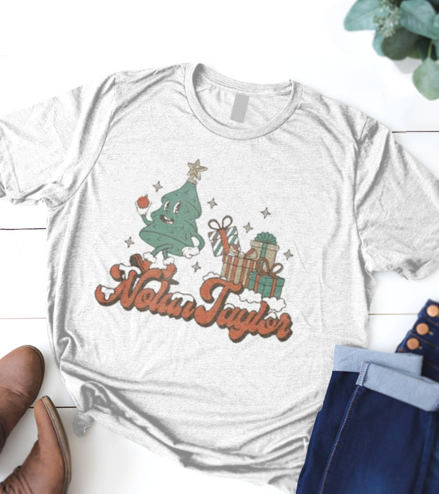 Nolan Taylor Festive Christmas Tree With Gifts And Snowy Stars T-Shirt