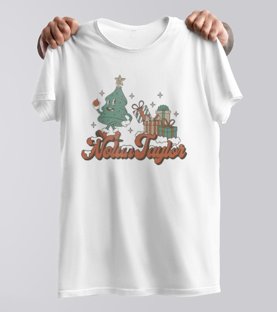 Nolan Taylor Festive Christmas Tree With Gifts And Snowy Stars T-Shirt