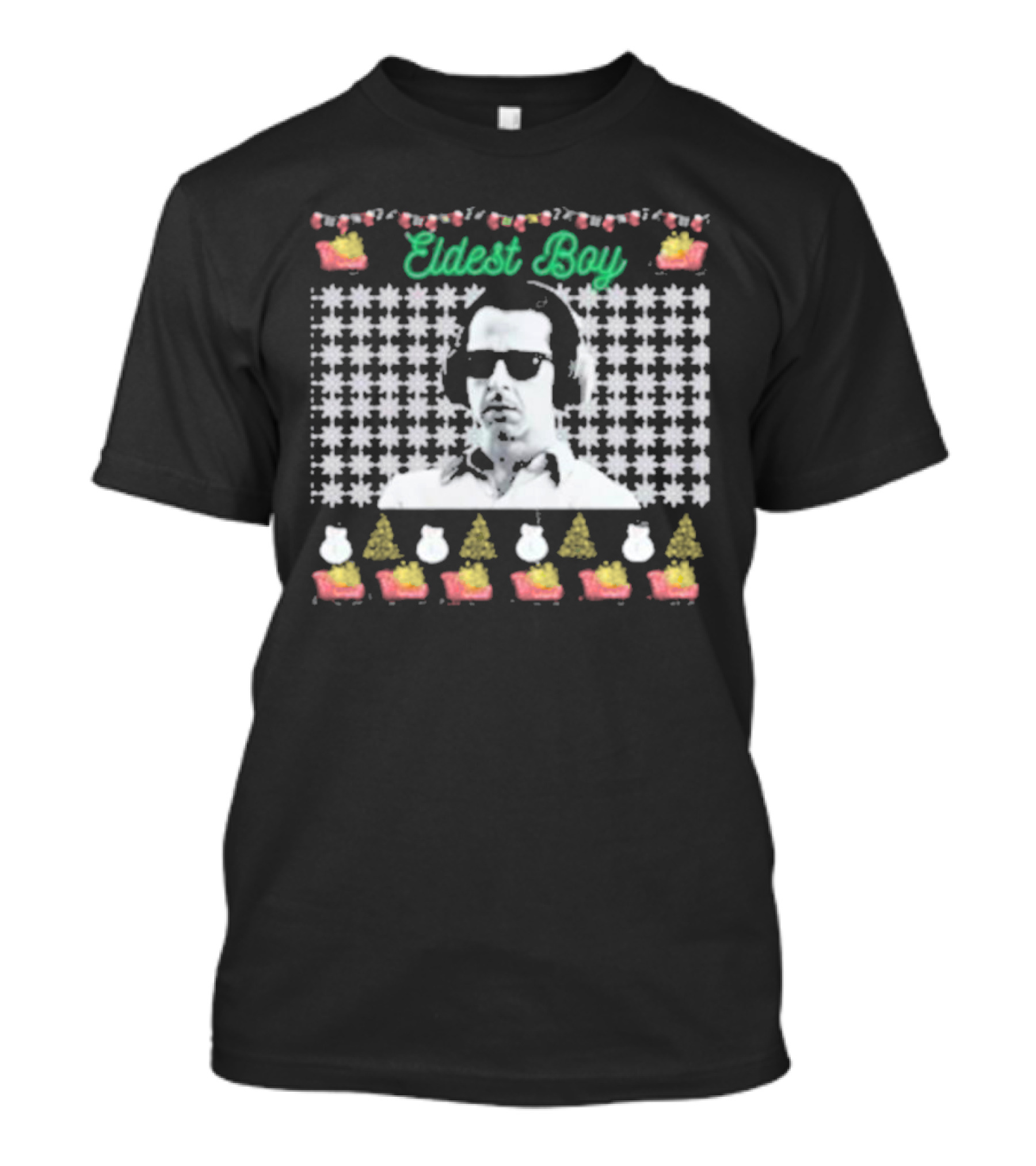 Kendall Roy Eldest Boy Ugly Christmas Sweater Design With Santa Hats And Trees T-Shirt