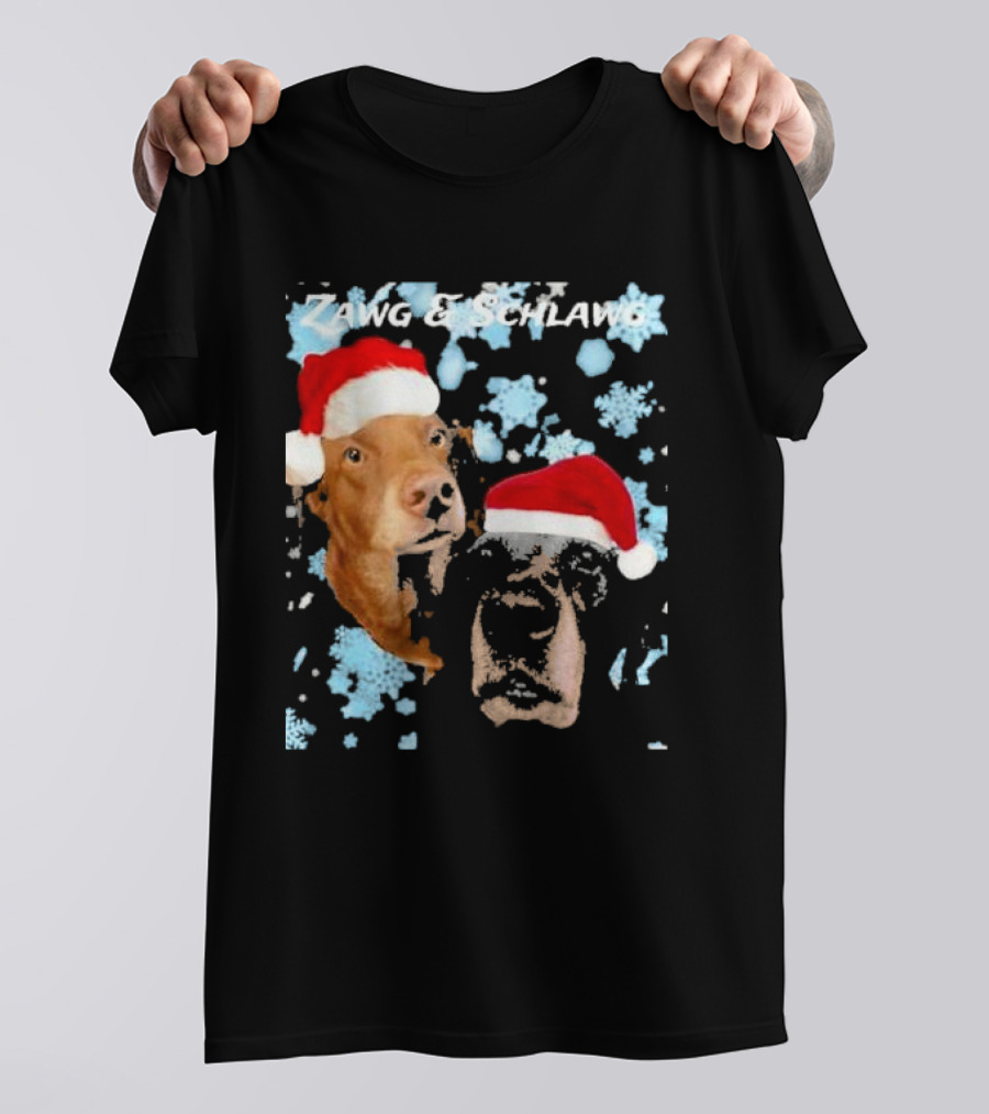 Zawg And Schlawg Christmas Dogs With Santa Hats And Snowflakes T-Shirt