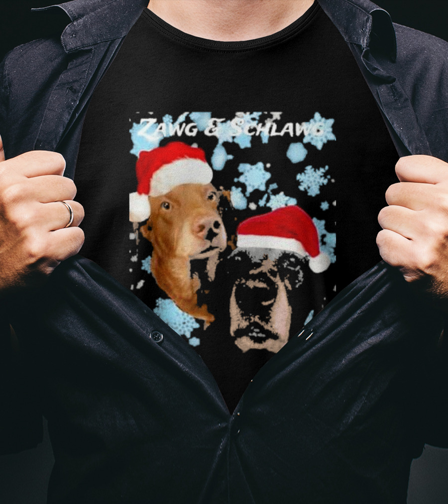 Zawg And Schlawg Christmas Dogs With Santa Hats And Snowflakes T-Shirt