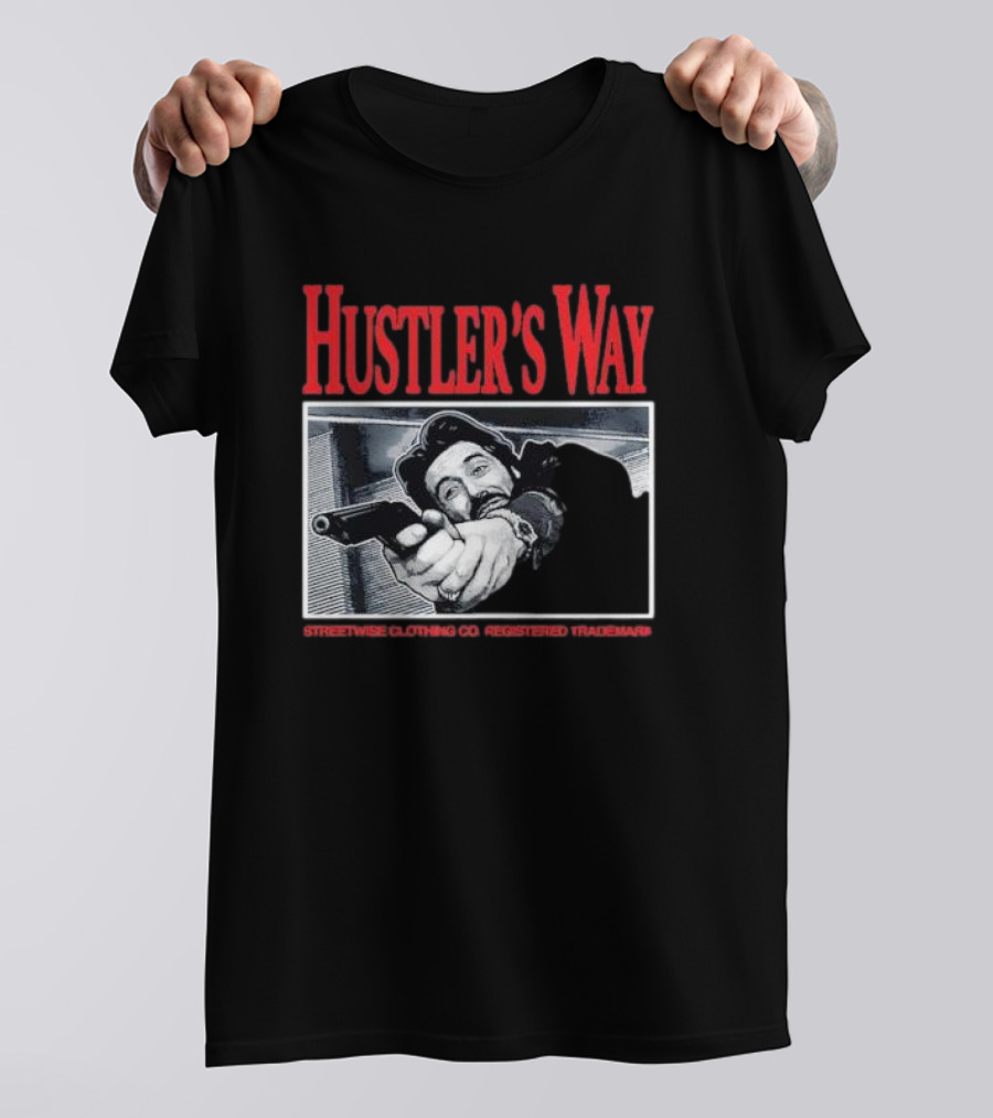 Hustler's Way Streetwise Clothing Co Registered Trademark Gunman Scene T-Shirt