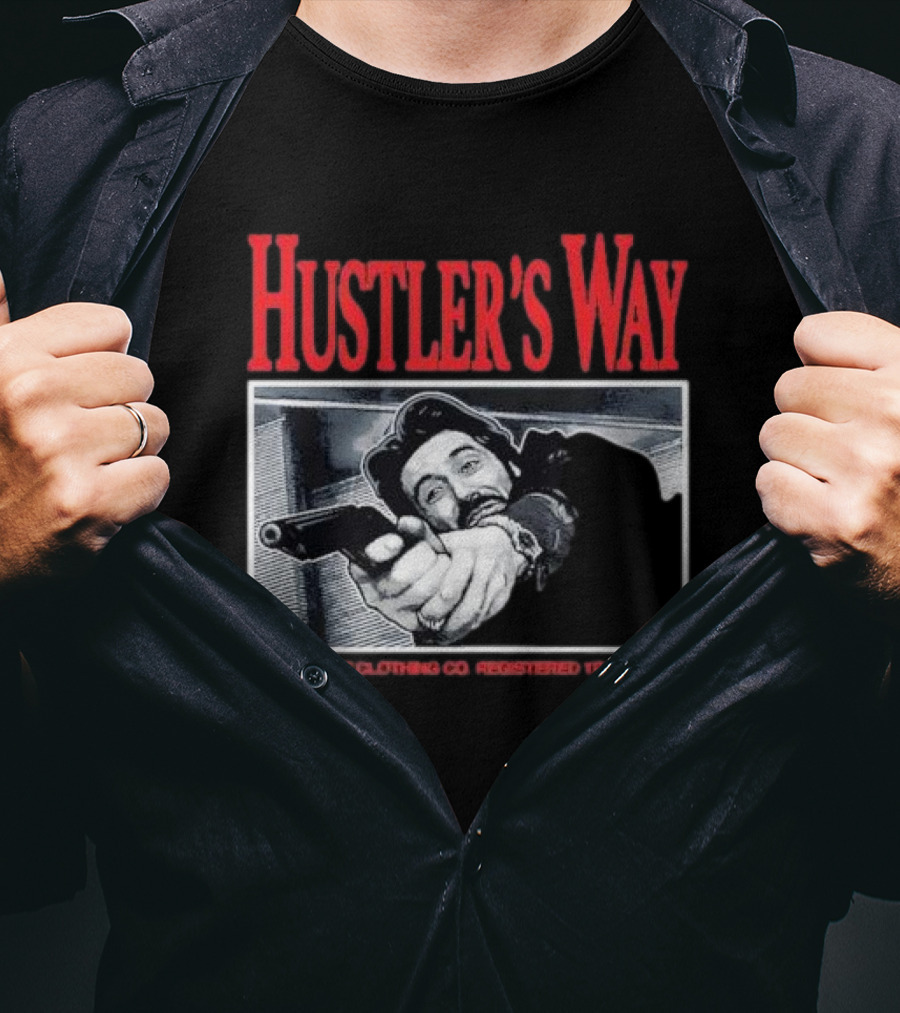 Hustler's Way Streetwise Clothing Co Registered Trademark Gunman Scene T-Shirt
