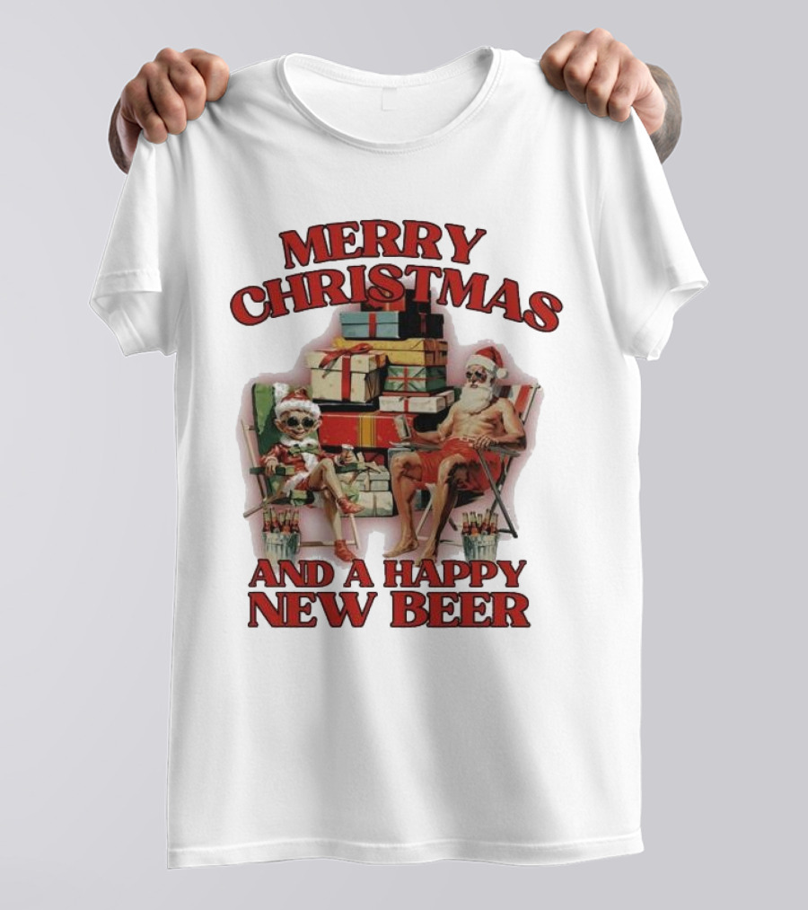 Merry Christmas And A Happy New Beer Skeleton Santa And Elf With Gifts T-Shirt